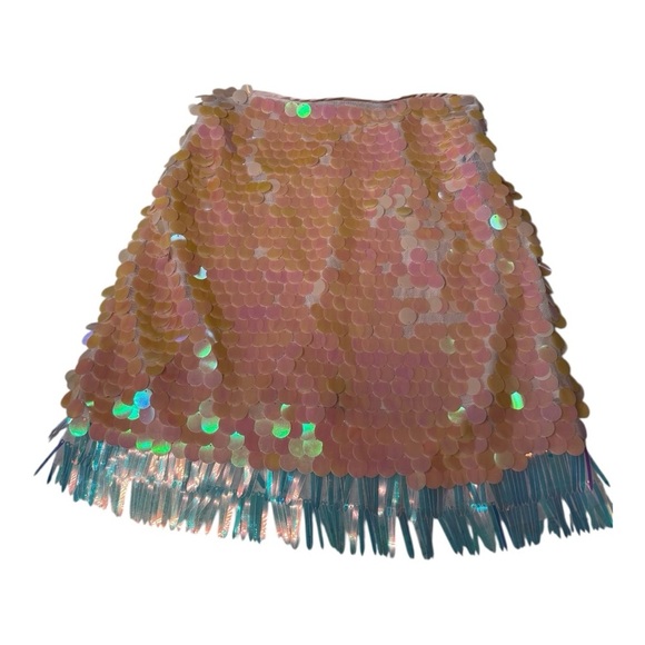Skies are Blue Peach Silver Sequin Fringe Hem‎ Mini A Line Skirt Disc Party NEW - Picture 13 of 14
